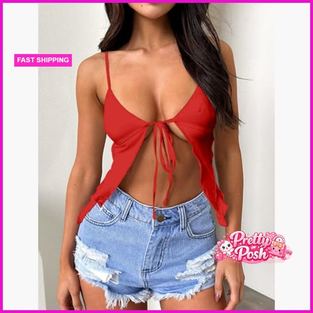Sexy Deep V Neck Tie Front Backless Spaghetti Strap Cami Crop Top - Picture 4 of 7